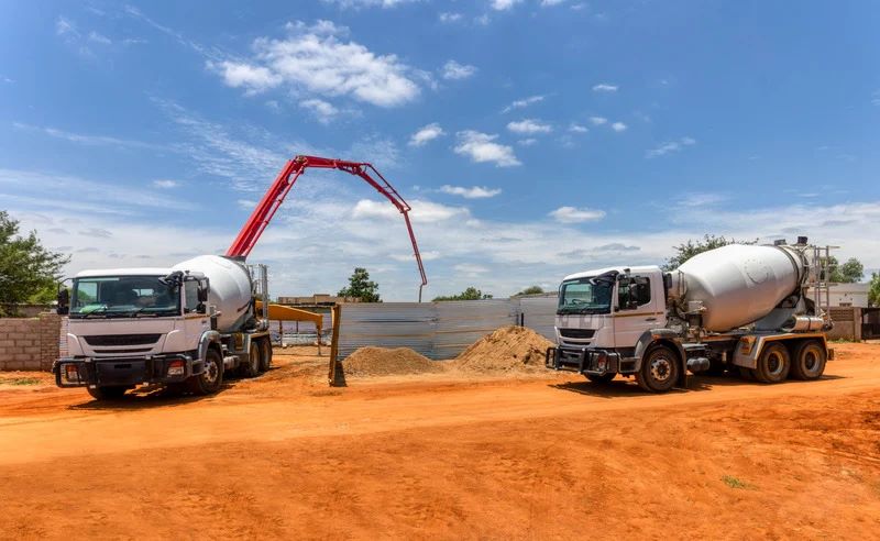 Two cement mixer trucks are parked on an orange dirt construction site under a clear sky. Between the trucks is a pile of sand, and a red concrete pump boom extends upwards and arches over. Metal fence panels and scattered trees are visible in the background.