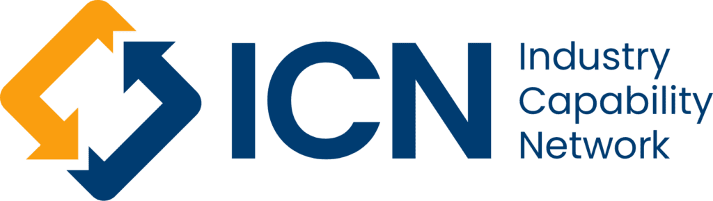 Logo of Industry Capability Network (ICN) displaying two interlocking arrows, one yellow and one blue, pointing upwards and downwards respectively. The abbreviation "ICN" is prominently featured in large blue letters, followed by the full name "Industry Capability Network" in smaller font. Learn more About BRAWG initiatives connected to ICN.