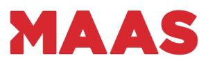 Bold red text spelling "MAAS" on a white background. The 'M' is stylized with the right side of the letter extending downward at an angle.