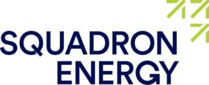 SQUADRON ENERGY" is written in bold navy blue text on a white background. Green diagonal and vertical lines form a partial abstract design resembling arrows in the top right corner.